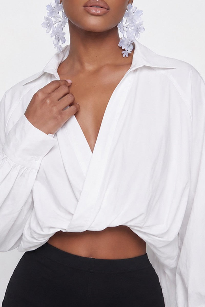 Women's white balloon hem high-low wrap blouse