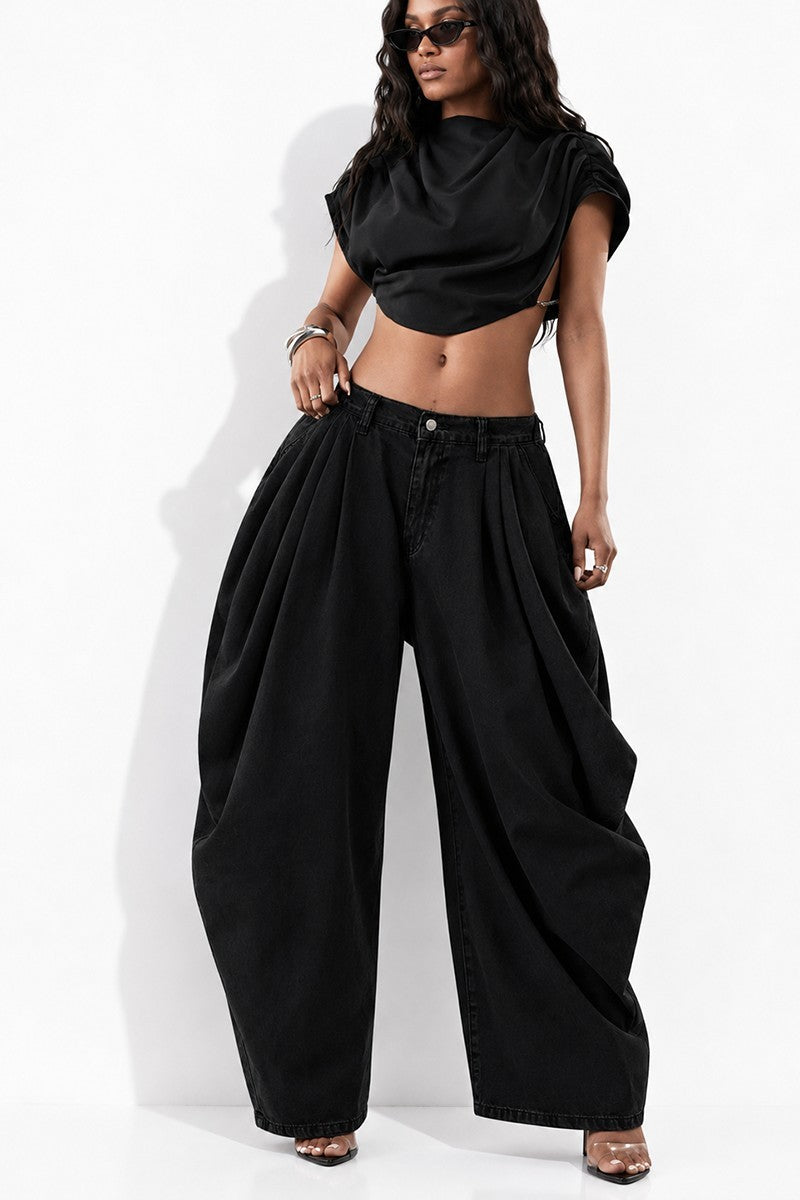 Women's ruched denim balloon pants
