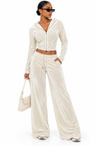 Women's ivory velour cropped zip hoodie and wide leg pants set