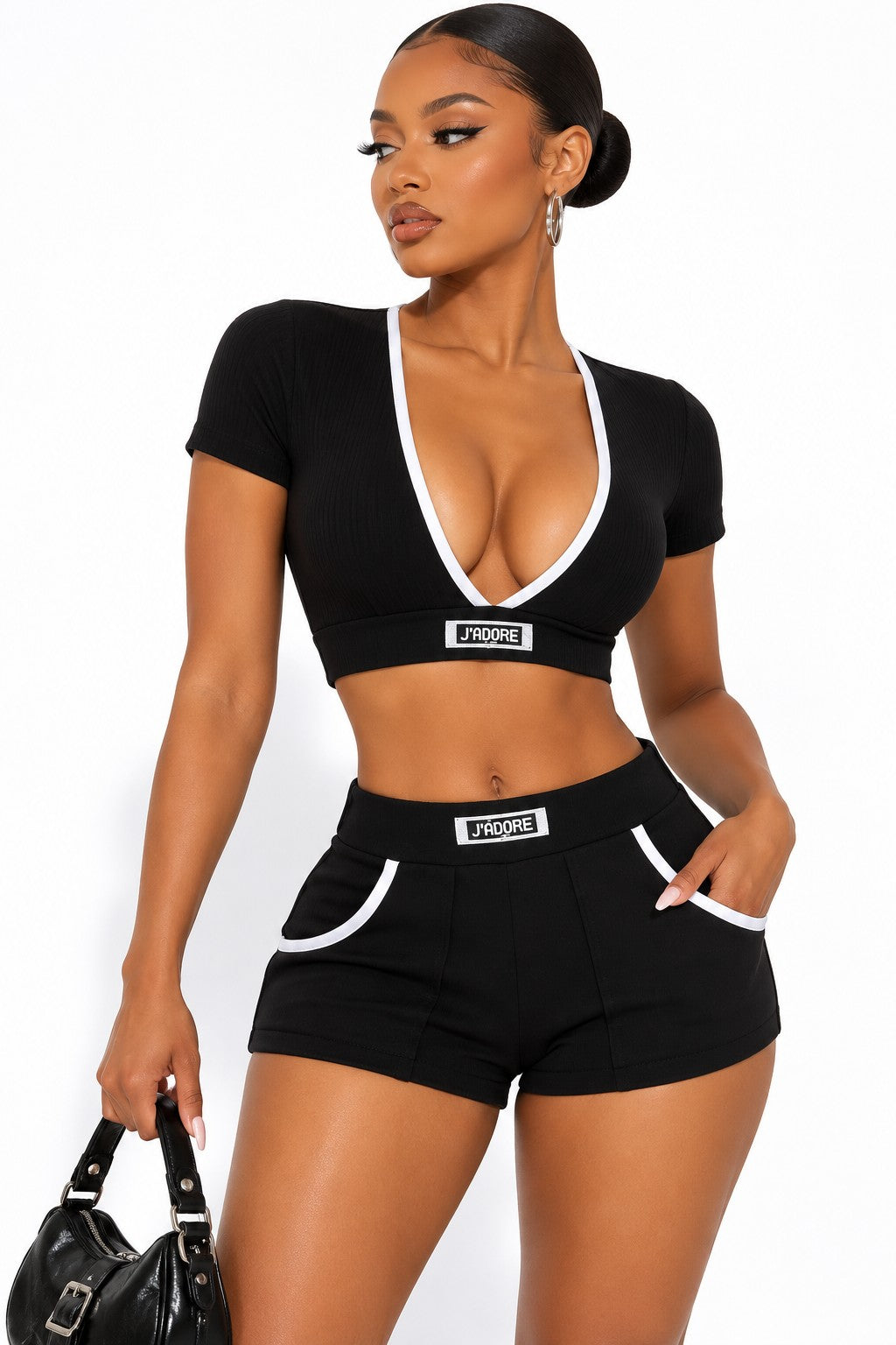 Women's black deep-V bralette and mini shorts set