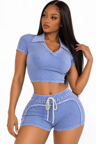 Women's lilac mineral wash collared crop top and shorts set
