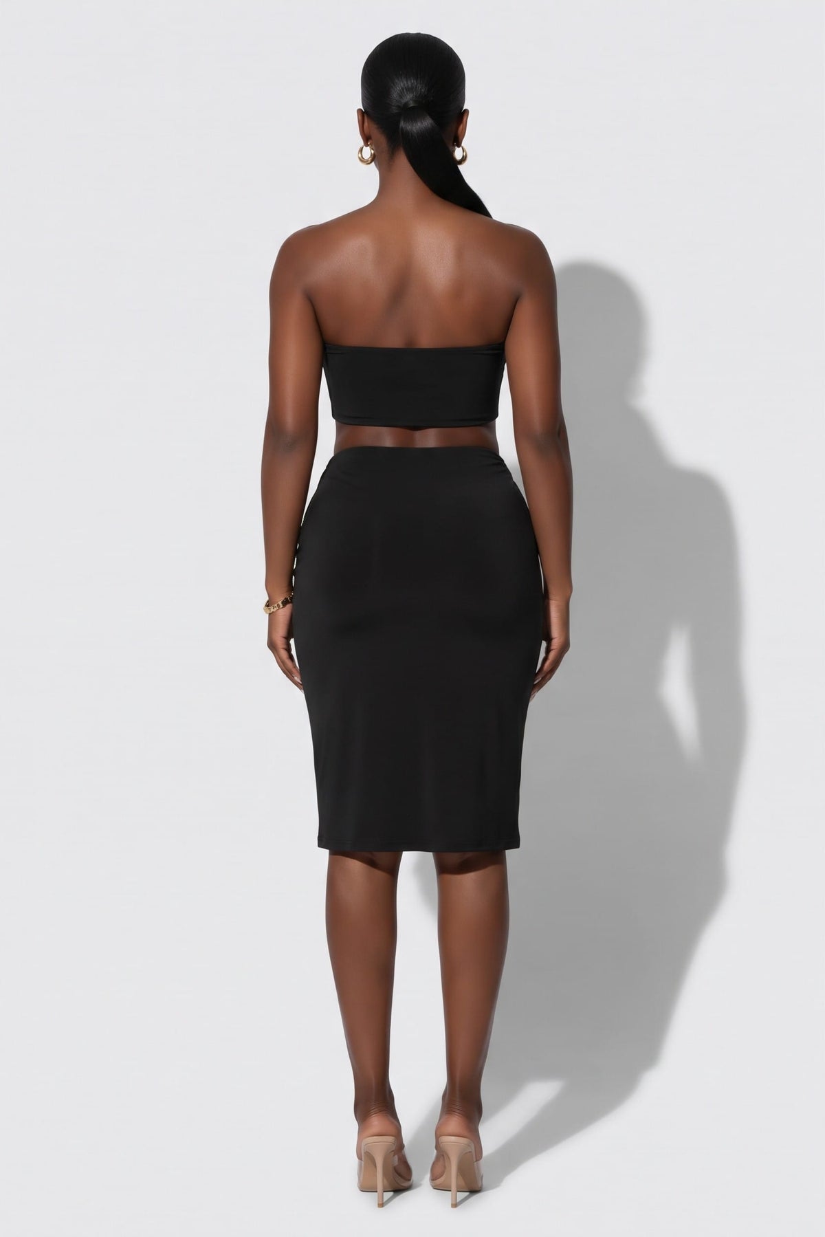 Women's Black Twisted Elegance Draped Front Knee Length Skirt – back view