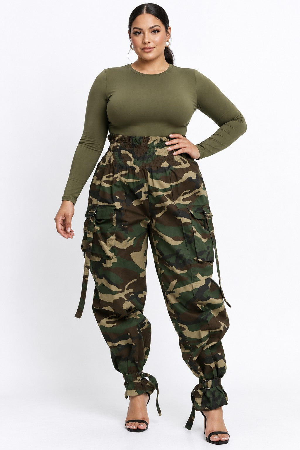 Women's plus size camo pants on model