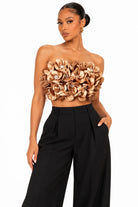 Women's gold 3D satin floral strapless crop top