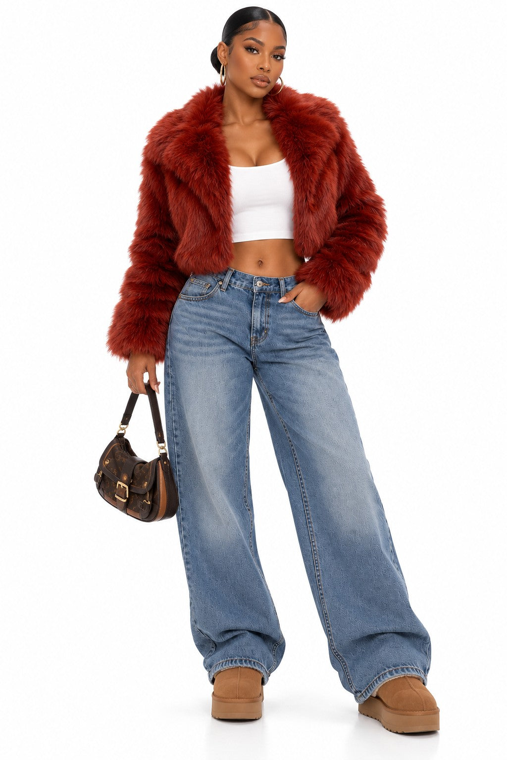 Women's burgundy faux fur cropped coat on model