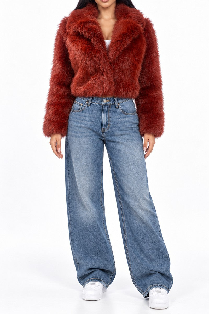 Cream faux fur cropped coat