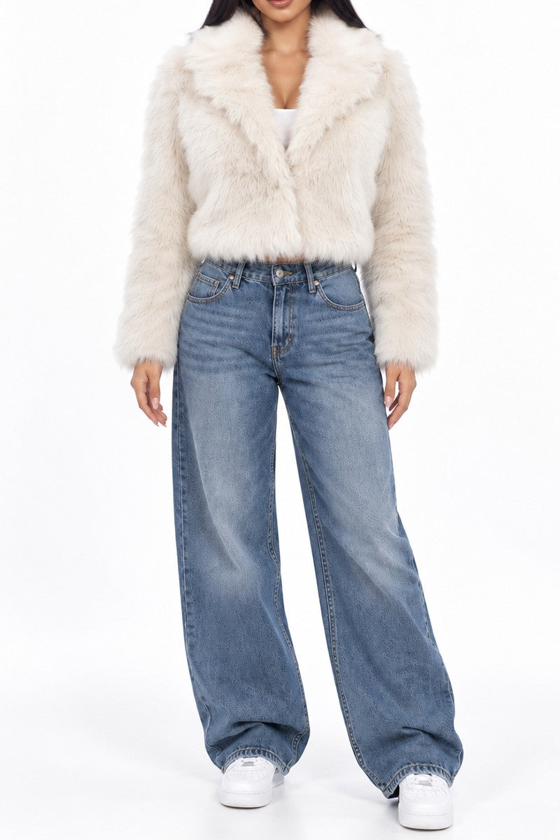White faux fur cropped coat