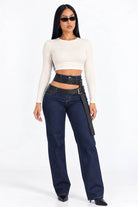 Women's cut out belted jeans dark denim on model