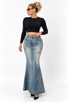 Women's denim mermaid maxi skirt on model