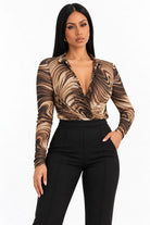 Women's brown long sleeve tunic top on model