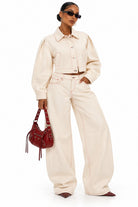 Women's ecru denim puff sleeve crop jacket and barrel jeans set
