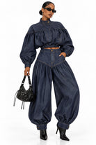 Women's indigo denim shirred crop jacket and balloon jeans set