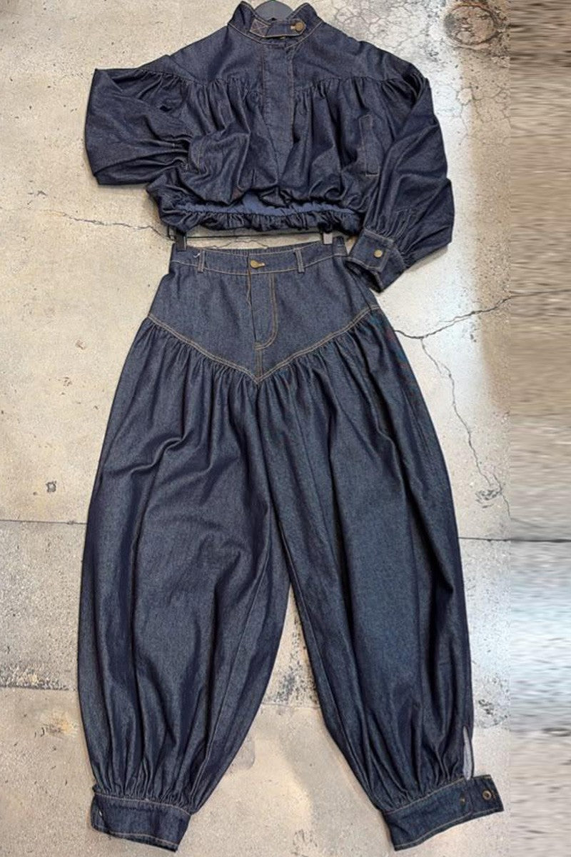 Indigo denim balloon jeans set side view