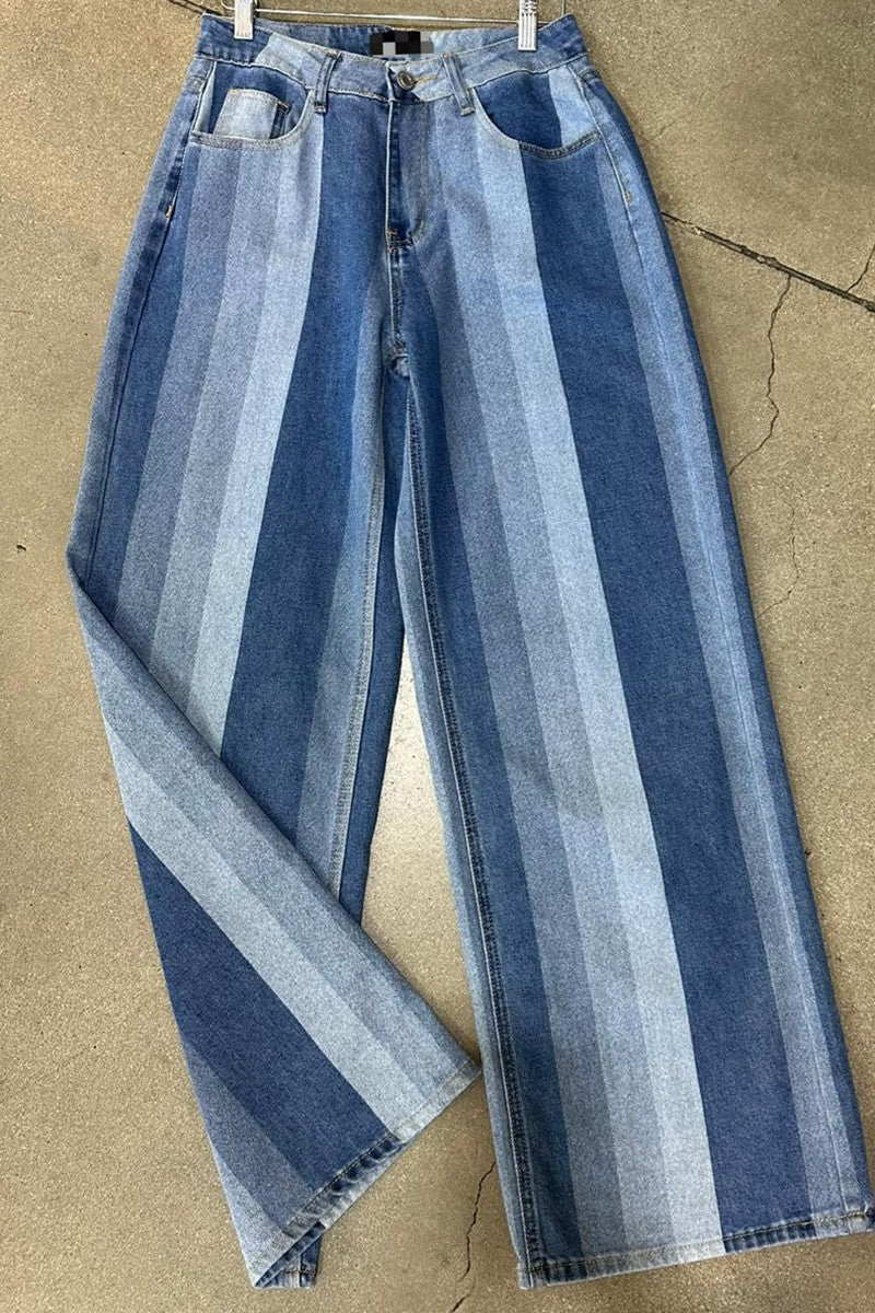 Striped wide leg jeans side view