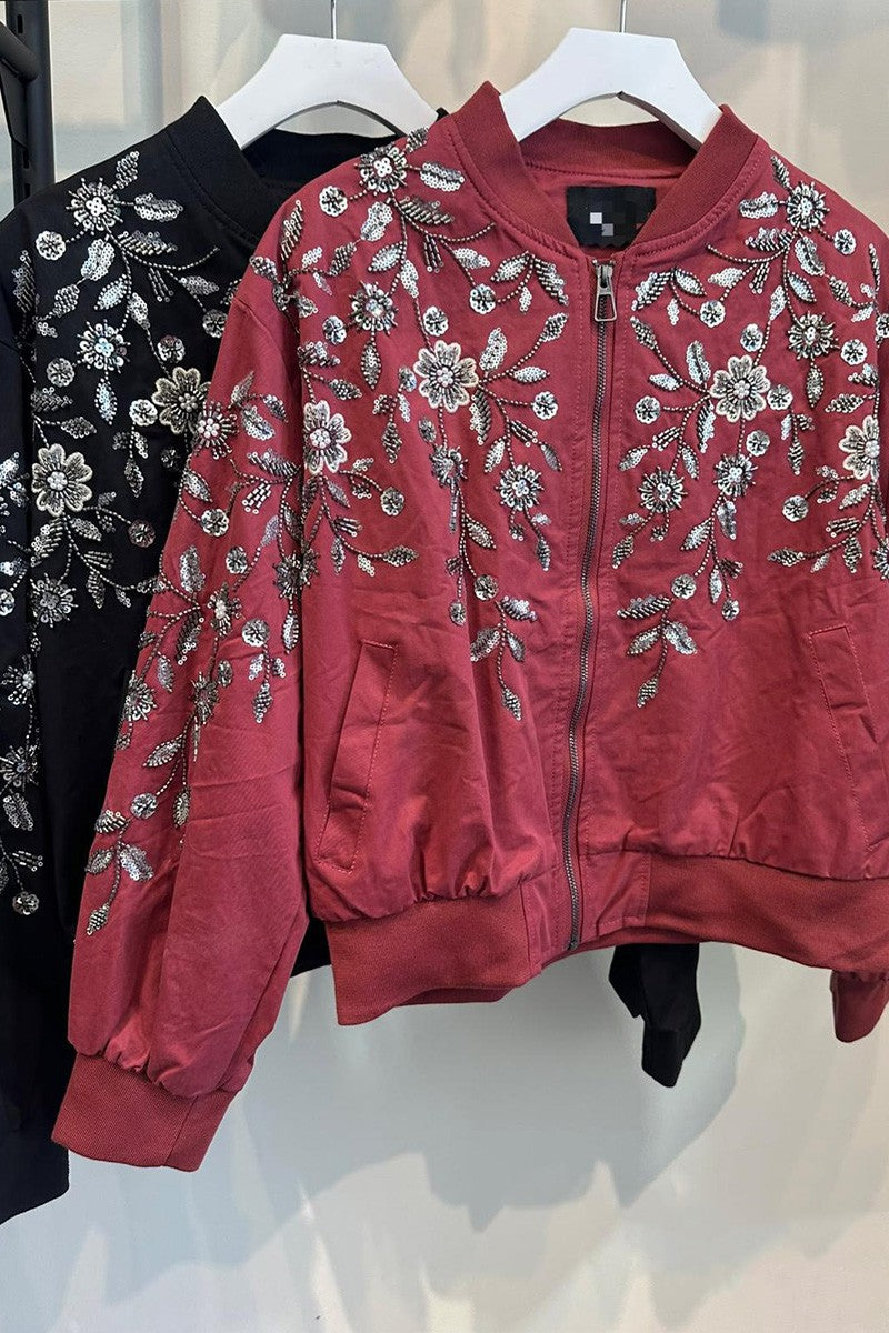 Beaded sequin bomber jacket embellishment detail