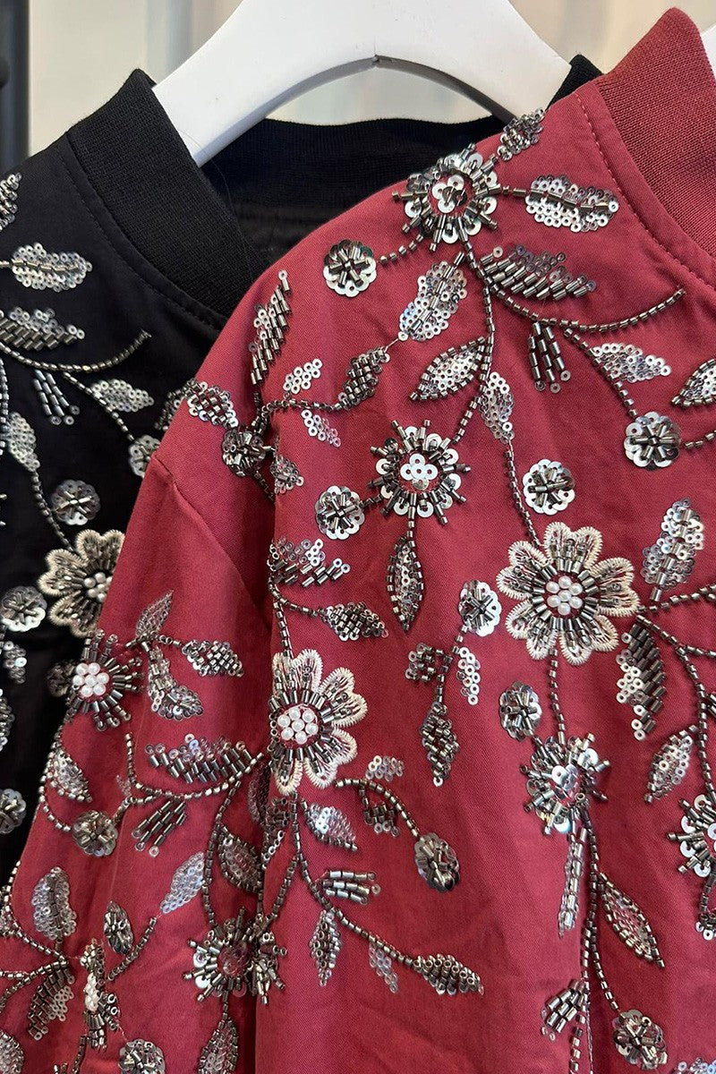 Floral beadwork bomber jacket close up