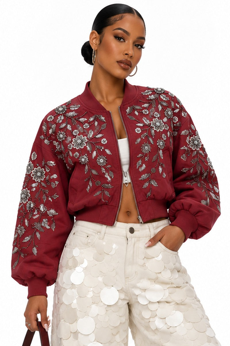 Women's burgundy floral beaded sequin bomber jacket on model