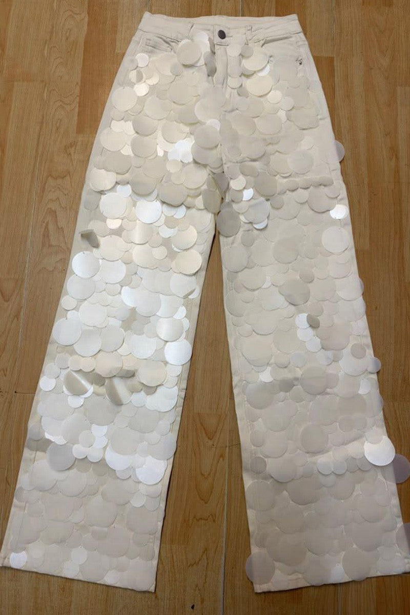 White sequin paillette jeans flat lay