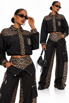 Women's black and leopard cropped jacket on model