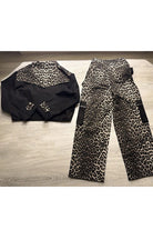 Black leopard cargo pants pocket detail