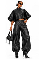 Women's black faux leather capelet top and balloon pants set
