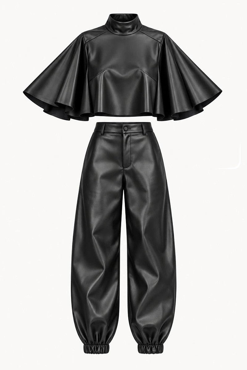 Black faux leather two piece set detail