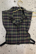 Olive plaid sleeveless crop shirt flat lay