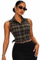 Women's olive plaid sleeveless cropped button-down shirt front view