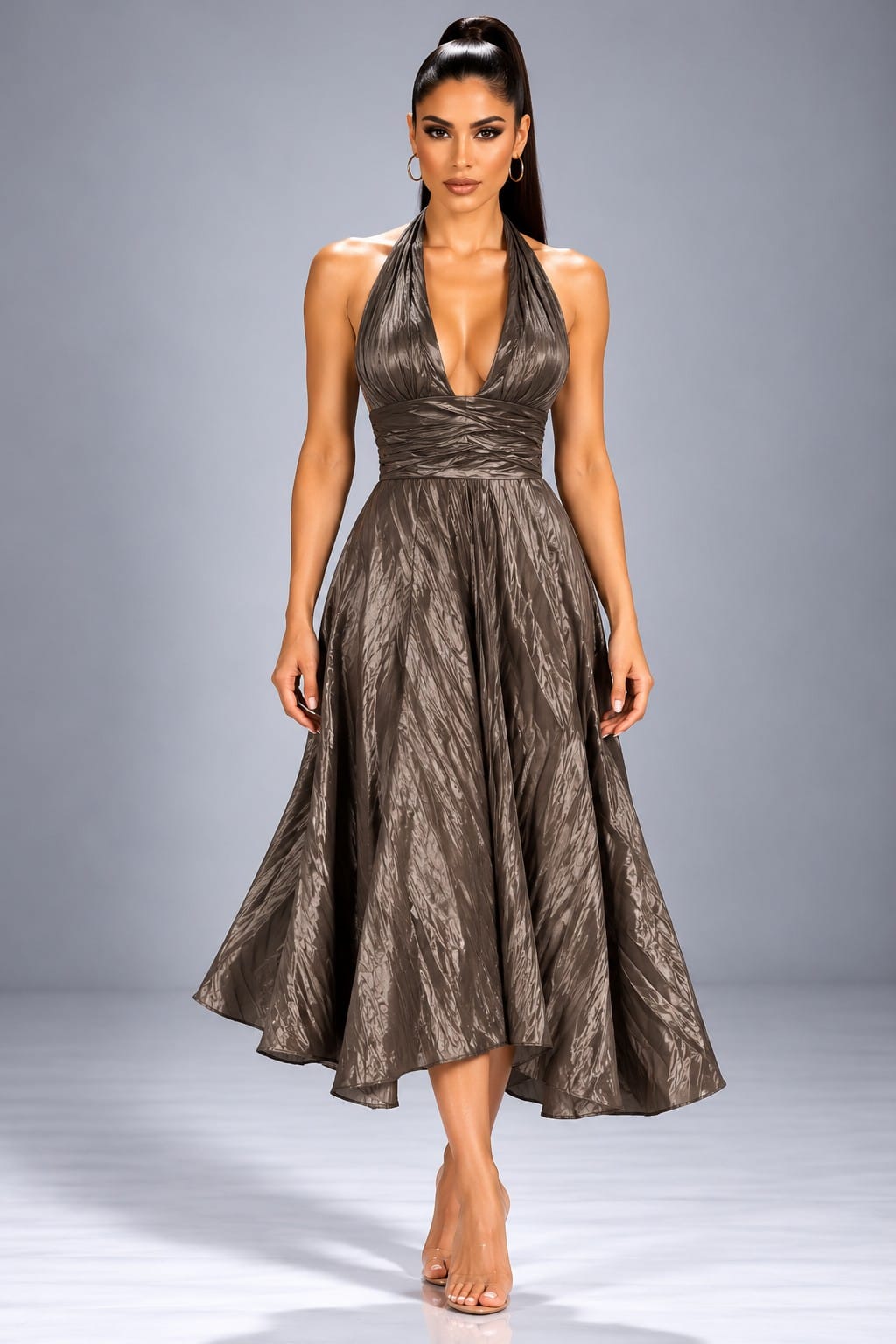 Women's Halter-Neck Textured a-Line Midi Dress – side view