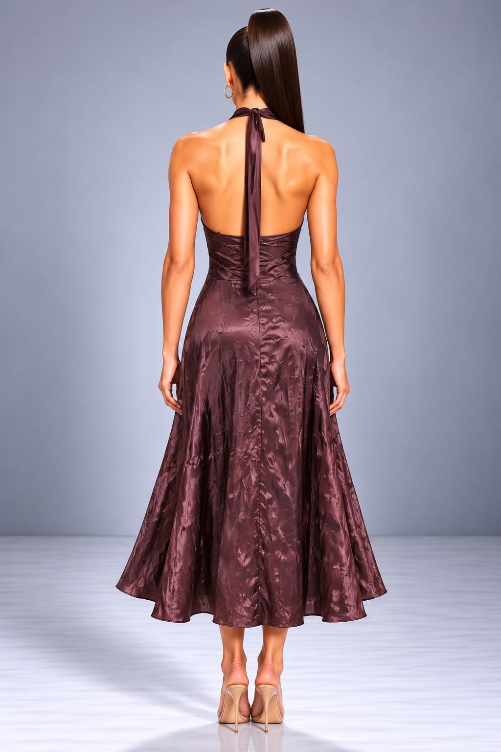 Women's Halter-Neck Textured a-Line Midi Dress – back view