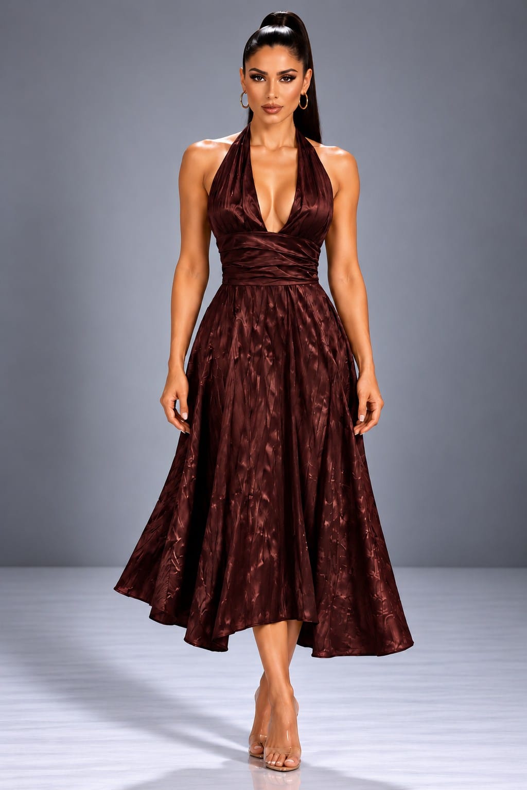 Women's Halter-Neck Textured a-Line Midi Dress – front view