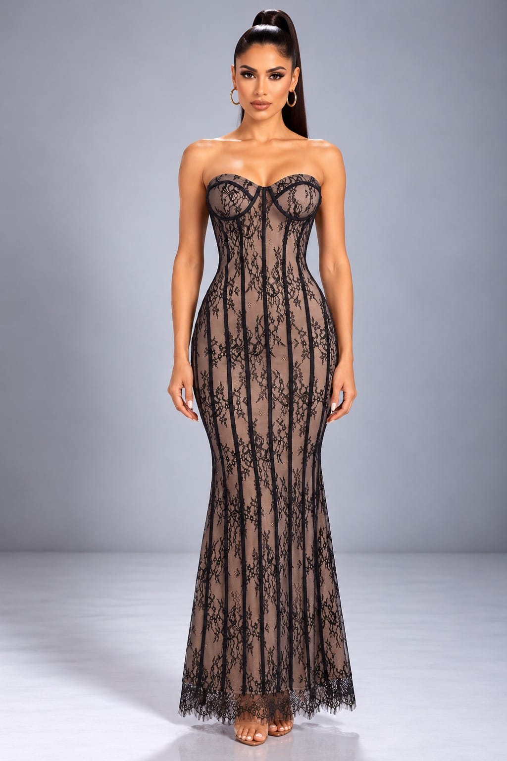 Women's Strapless Lace Corset Mermad Maxi Dress – front view