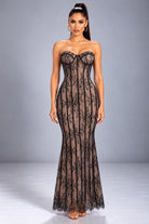 Women's Strapless Lace Corset Mermad Maxi Dress – front view