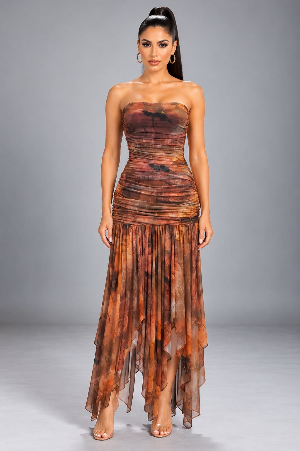Women's Strapless Ruched High-Low Maxi Dress – front view