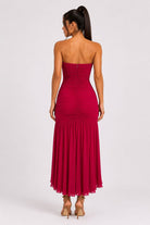 Women's Cherry Red Ruffle Cascade Strapless Maxi Dress – side view