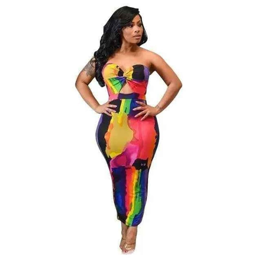 Neon tie-dye strapless midi dress front view - Epicplacess