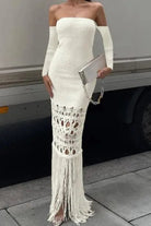 Tassel Away white maxi dress detail - Epicplacess