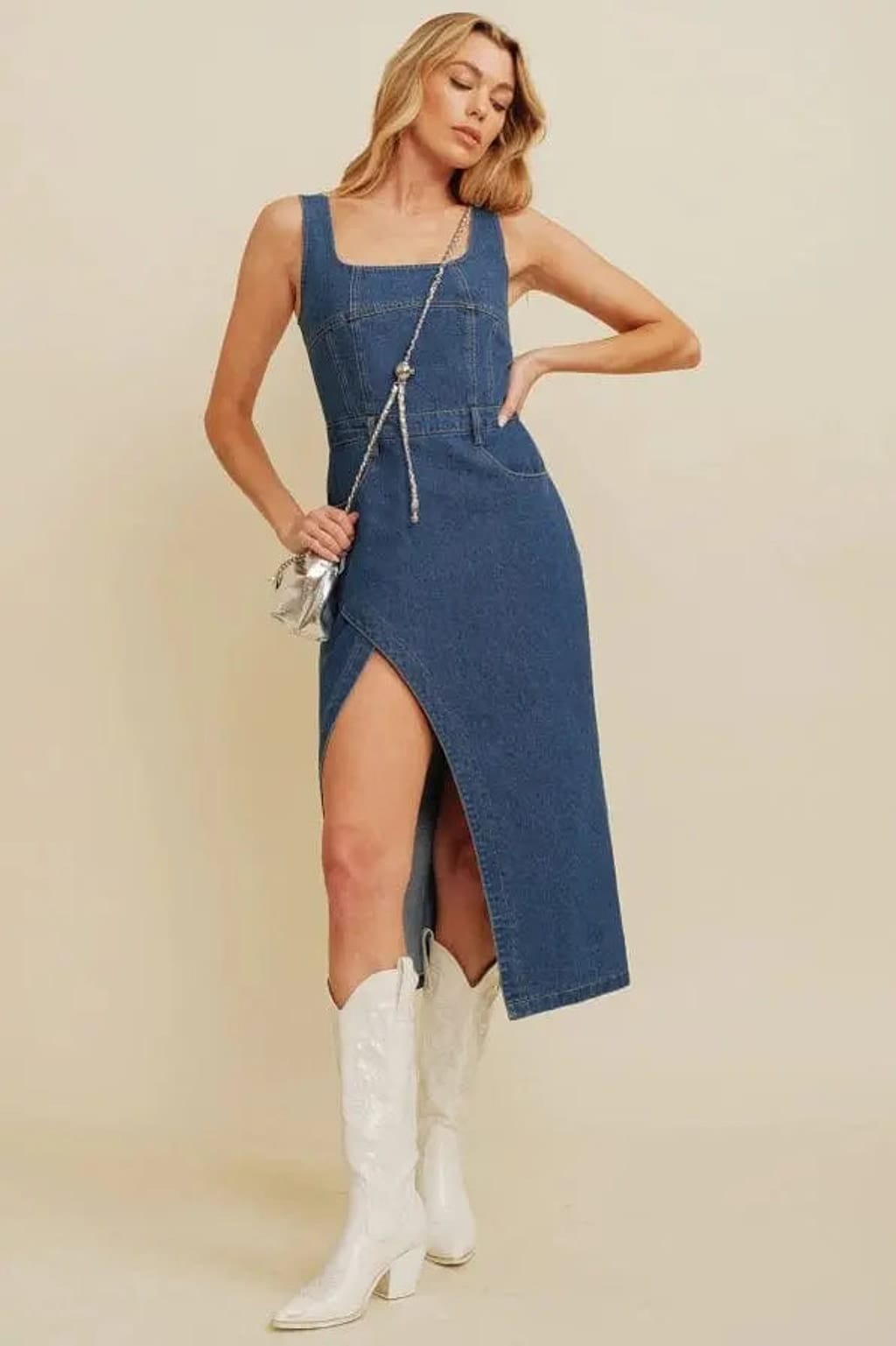 Denim maxi dress front view - Epicplacess