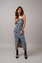 Denim wrap midi dress front view - Epicplacess