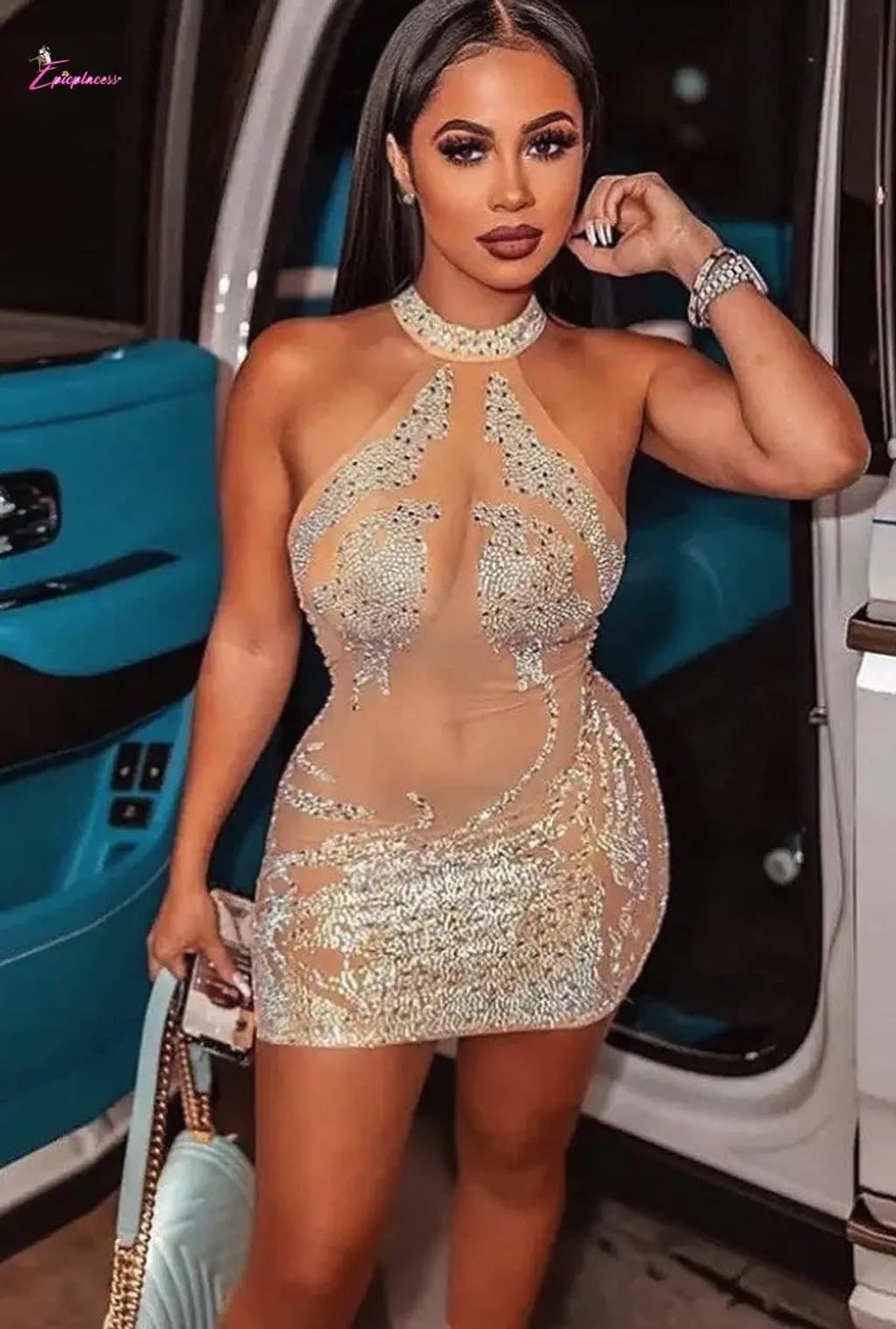 Rhinestone mini dress front view - Epicplacess