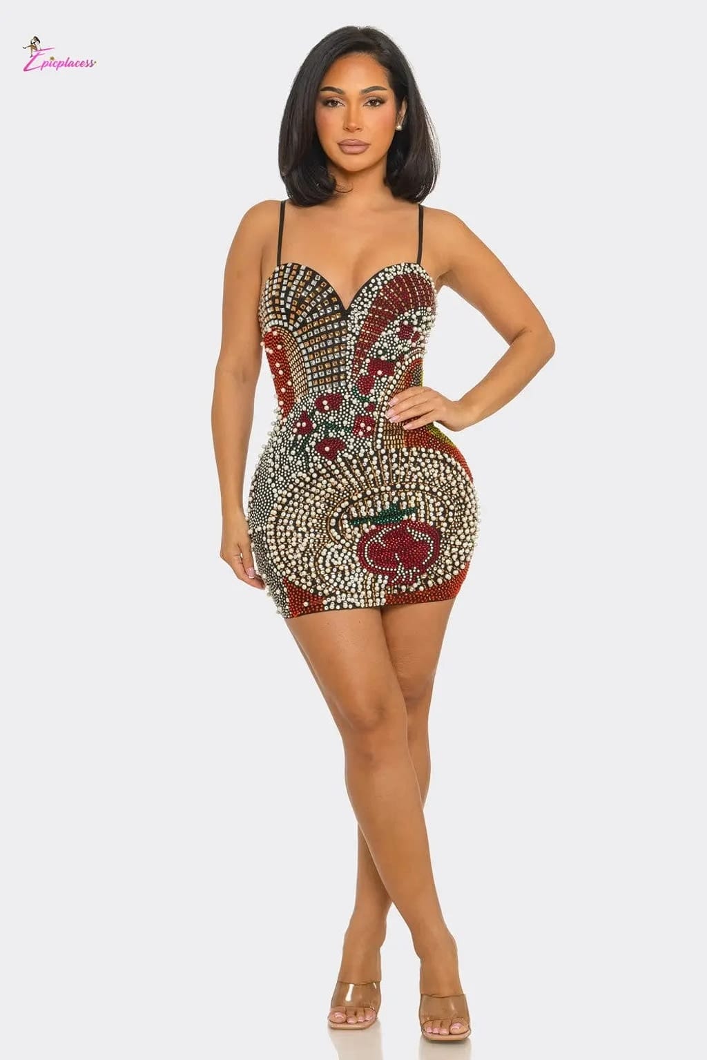 Rhinestone pearl dress front view - Epicplacess