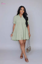 Sage green smocked waist mini shirt dress - Epicplacess