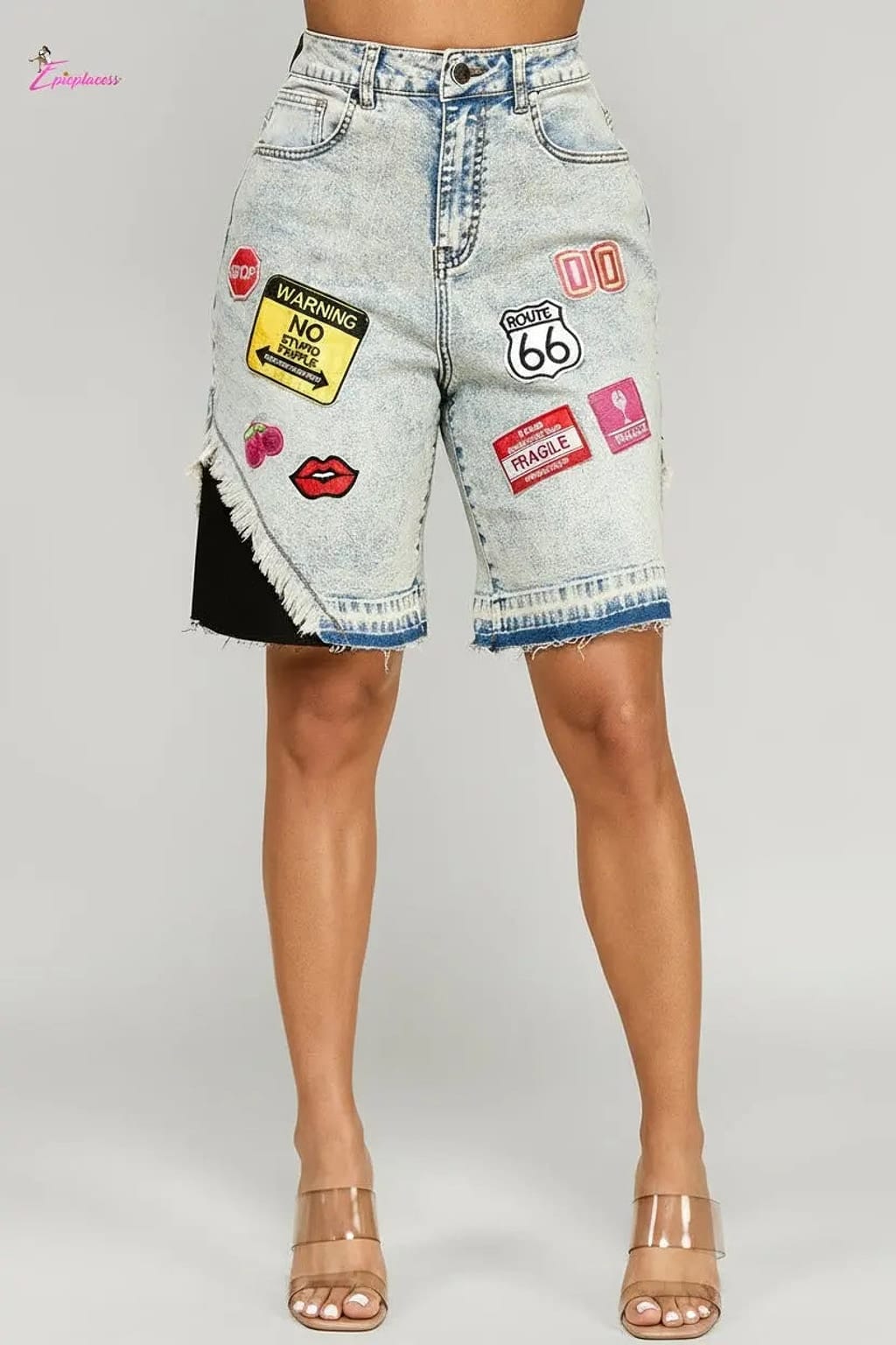 Light acid wash patch graphic denim bermuda shorts - Epicplacess