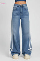 Medium blue side-stripe wide-leg lace-up jeans - Epicplacess