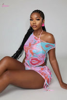Swirl print halter top and ruched mini skirt outfit - Epicplacess