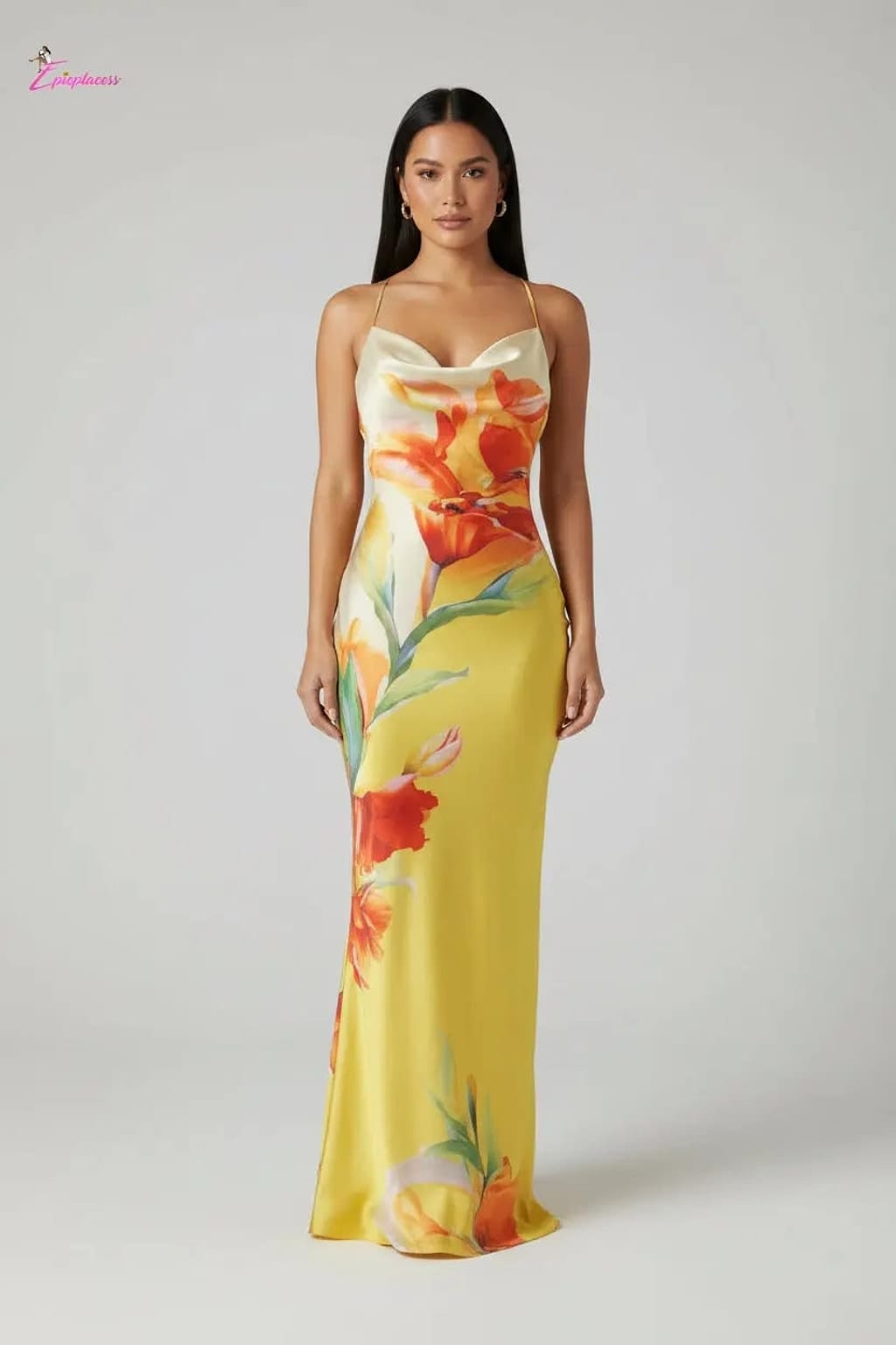 Tropical Floral  Cowl Neck Open Back Maxi Dress | Yellow - Epicplacess