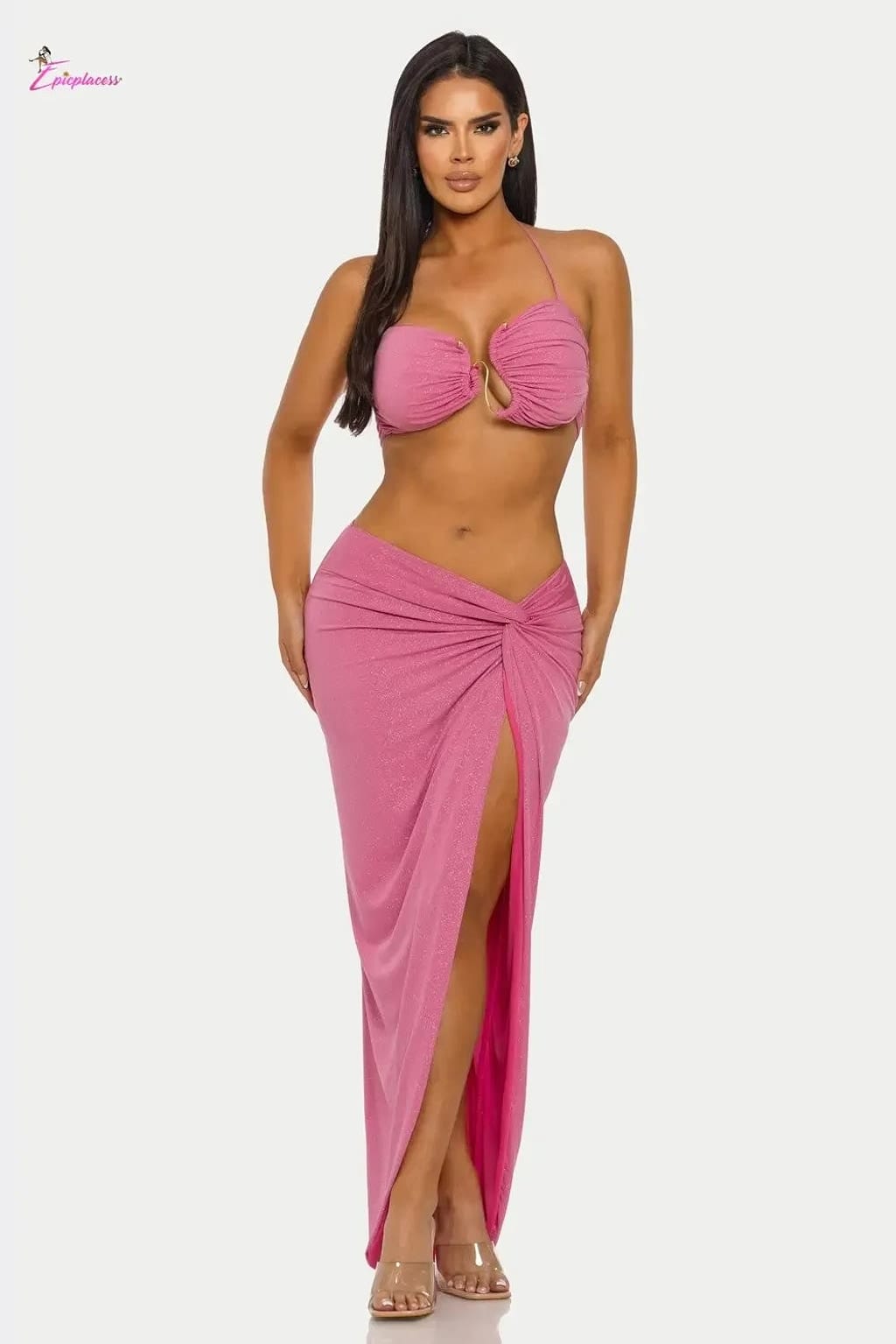 Ruched Halter Bra Top Twist-Front Maxi Skirt Set - Epicplacess