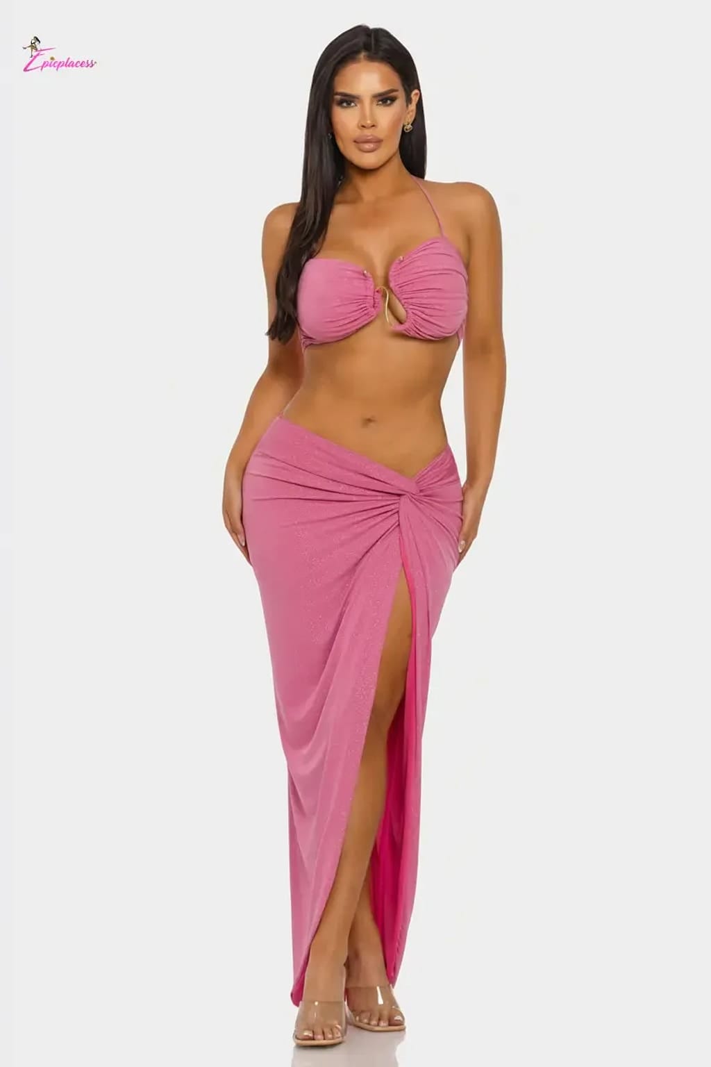Ruched Halter Bra Top Twist-Front Maxi Skirt Set - Epicplacess