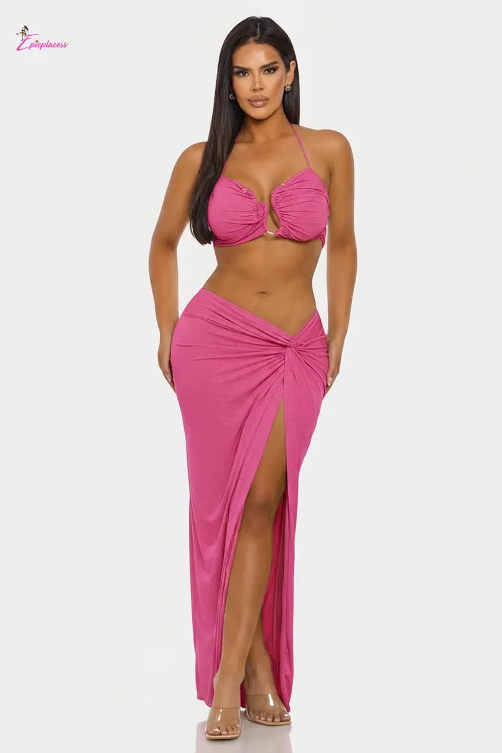 Ruched Halter Bra Top Twist-Front Maxi Skirt Set - Epicplacess