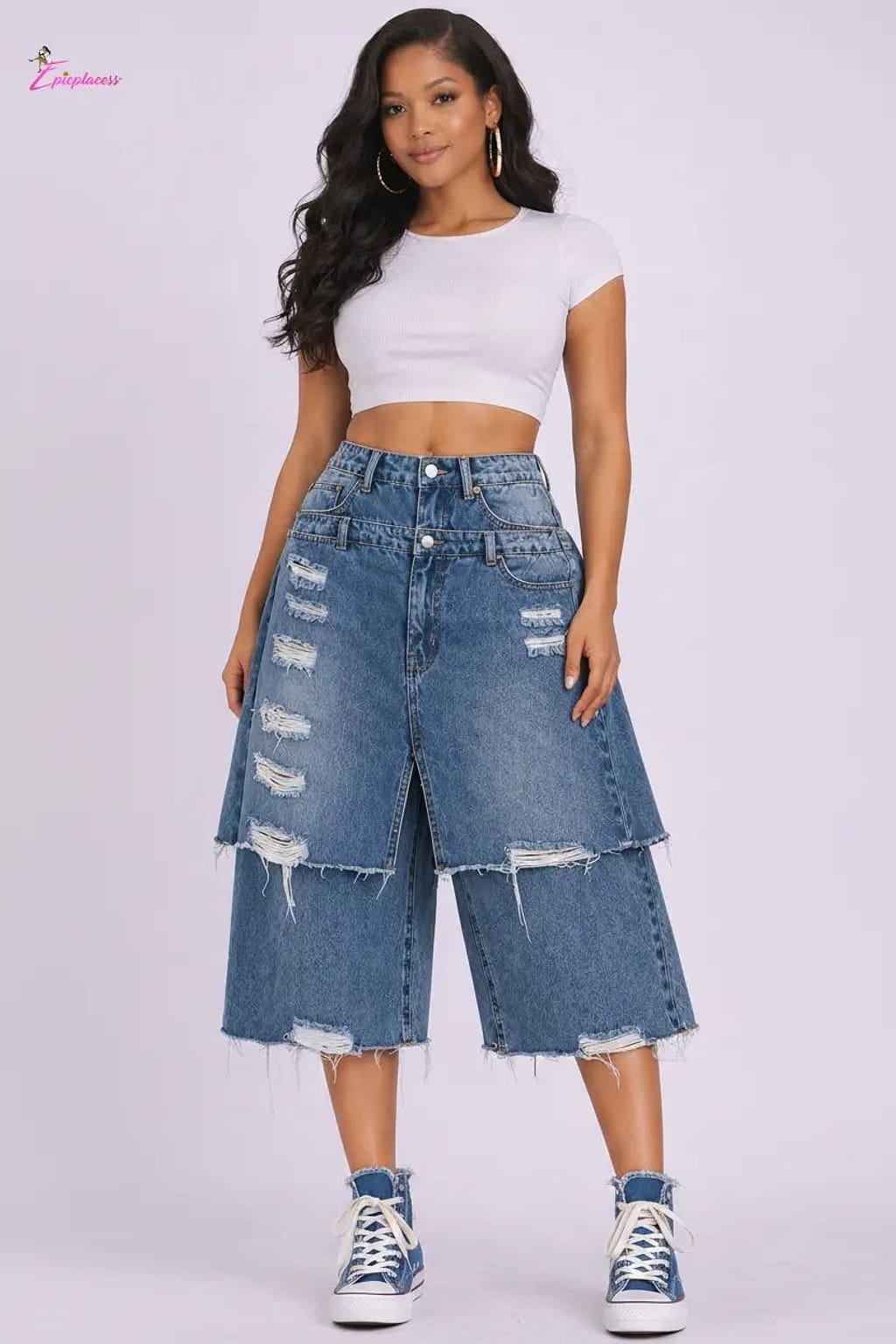 High-waist distressed denim bermuda shorts - Epicplacess